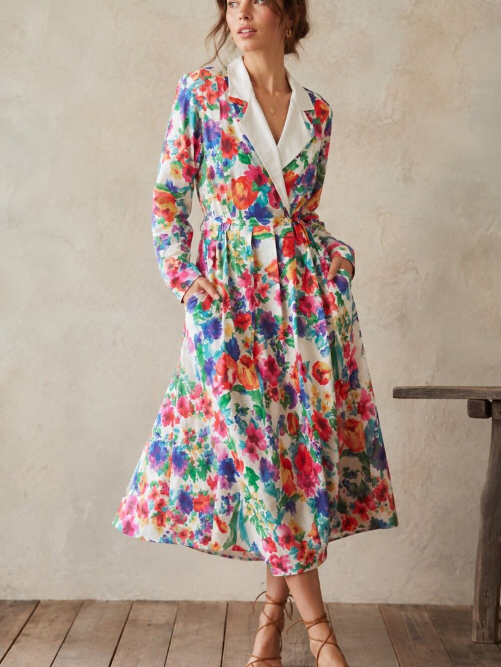 Dorothy Samuel Vintage Floral Midi Lapel Dress Pleated Long Sleeve Small Medium